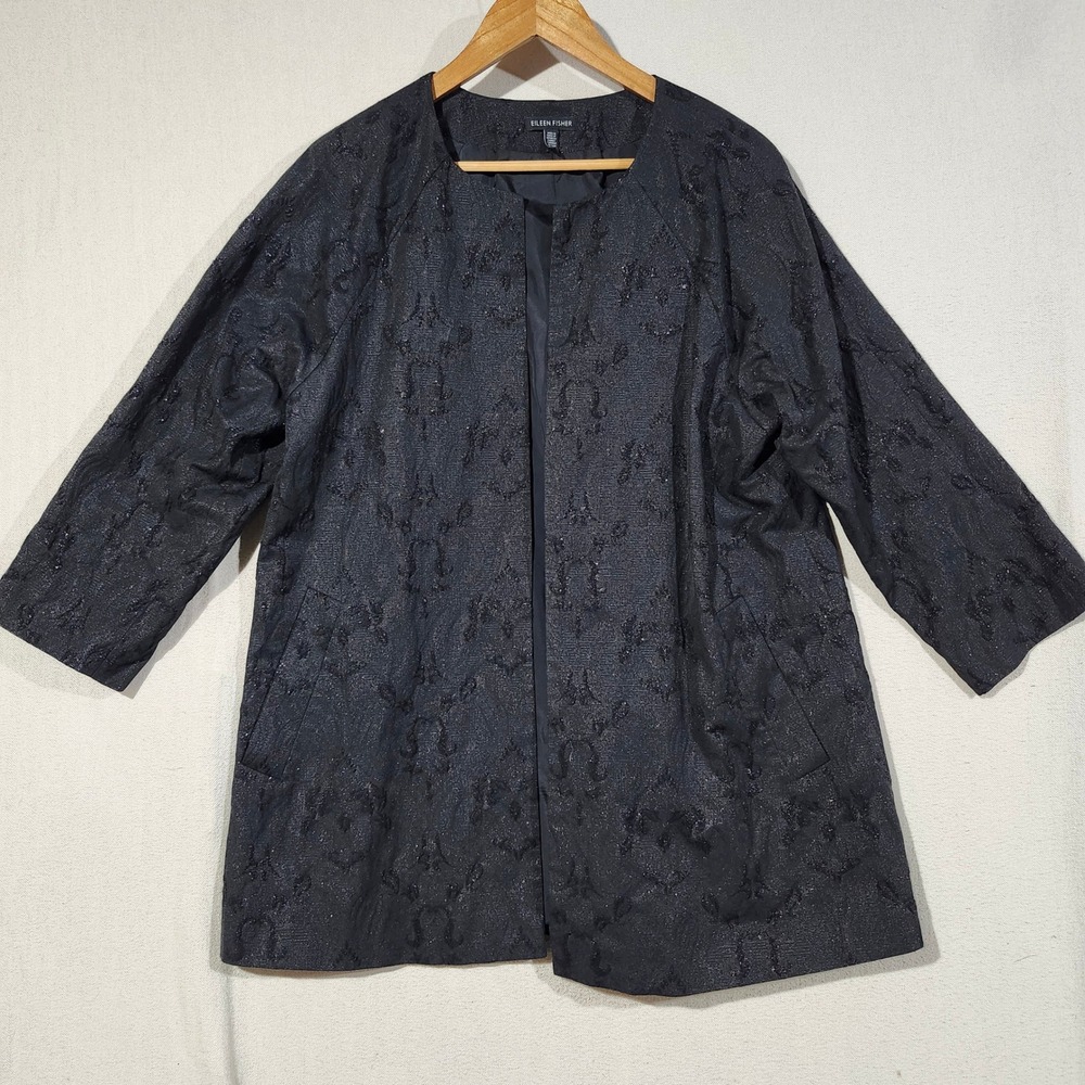 Eileen Fisher Metallic Jacquard Open Front Jacket Black Subtle Shimmer  Womens M
